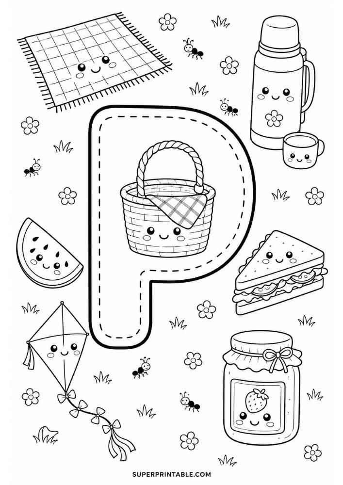 Letter P with picnic basket, blanket, thermos, sandwich, watermelon, kite, and jam jar.