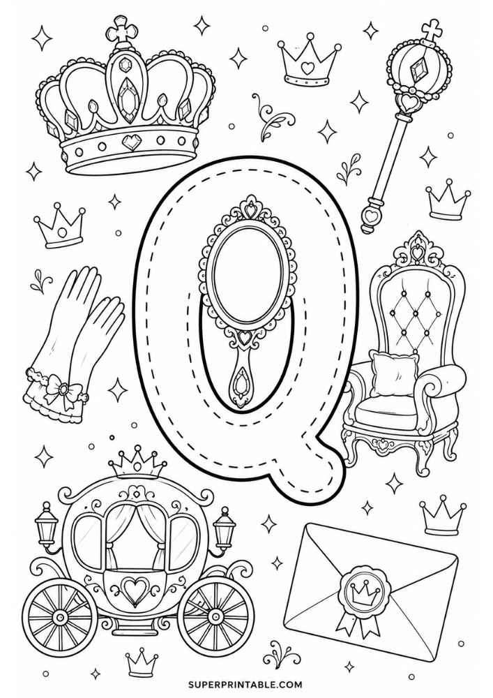 Letter Q with crown, throne, carriage, wand, mirror, gloves, and royal letter.