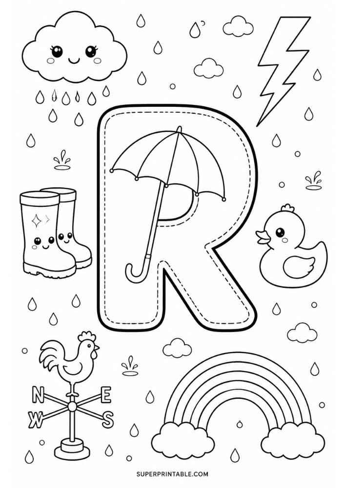Letter R with umbrella, rainbow, rain cloud, boots, duck, lightning, and weather vane.