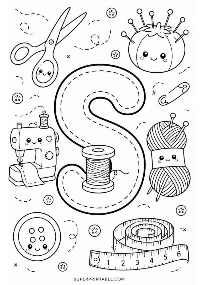 Letter S with sewing machine, scissors, thread, yarn, tape measure, buttons, and pincushion.