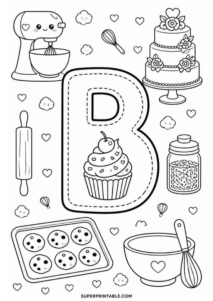 Letter B with mixer, cupcake, cake, cookies, whisk, rolling pin, bowl, and baking jar.
