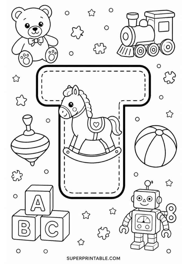 Letter T with rocking horse, teddy bear, toy train, robot, top, beach ball, and blocks.