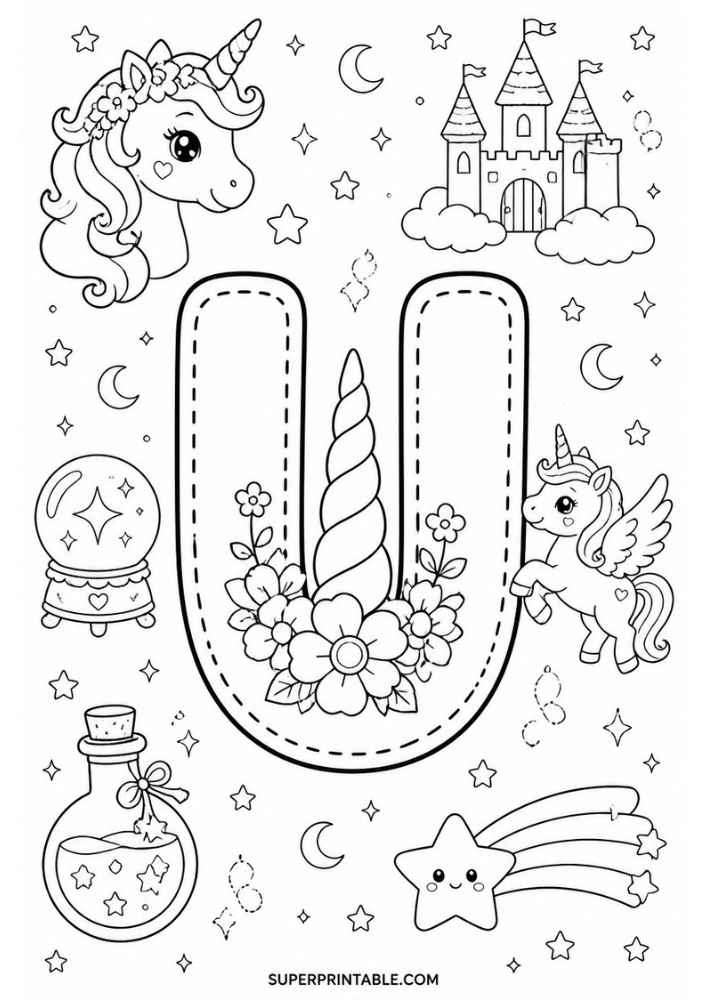 Letter U with unicorns, castle, potion bottle, crystal ball, flowers, and shooting star.