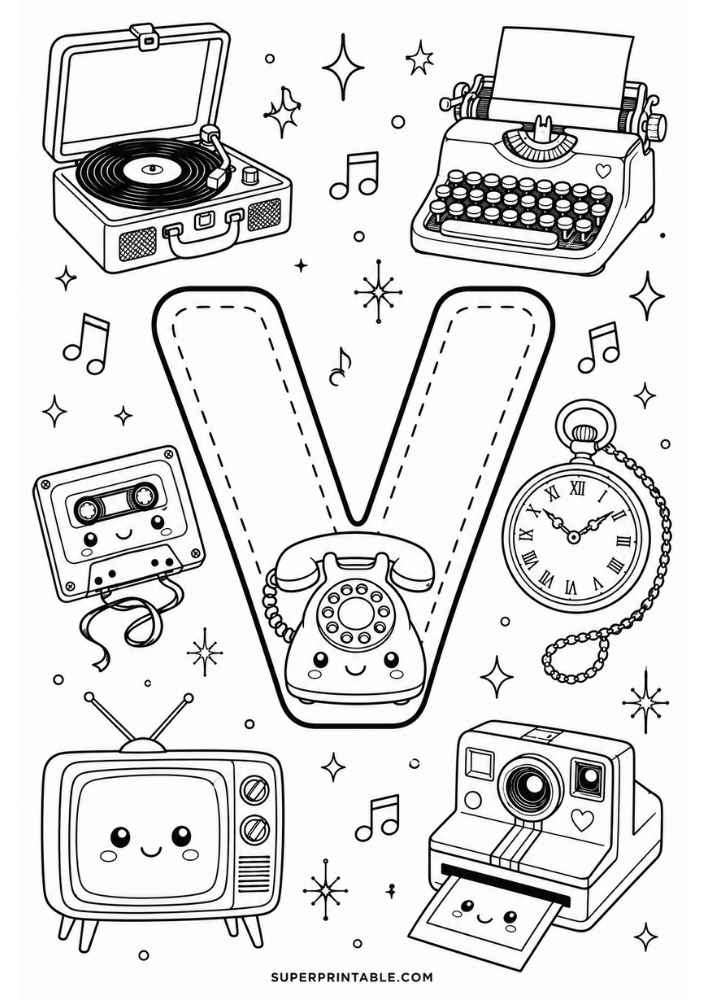 Letter V with record player, typewriter, cassette, phone, pocket watch, TV, and camera.