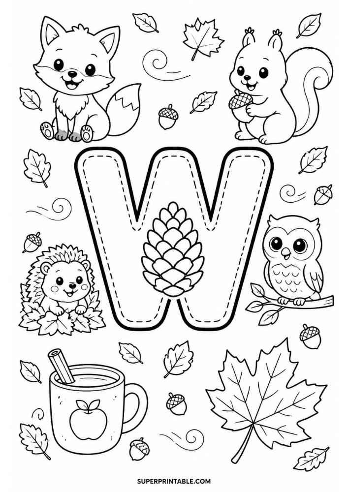 Letter W with fox, squirrel, hedgehog, owl, pine cone, leaves, acorns, and mug.