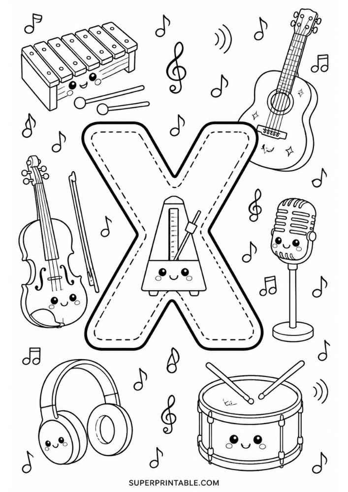 Letter X with xylophone, guitar, violin, drum, microphone, headphones, and music notes.