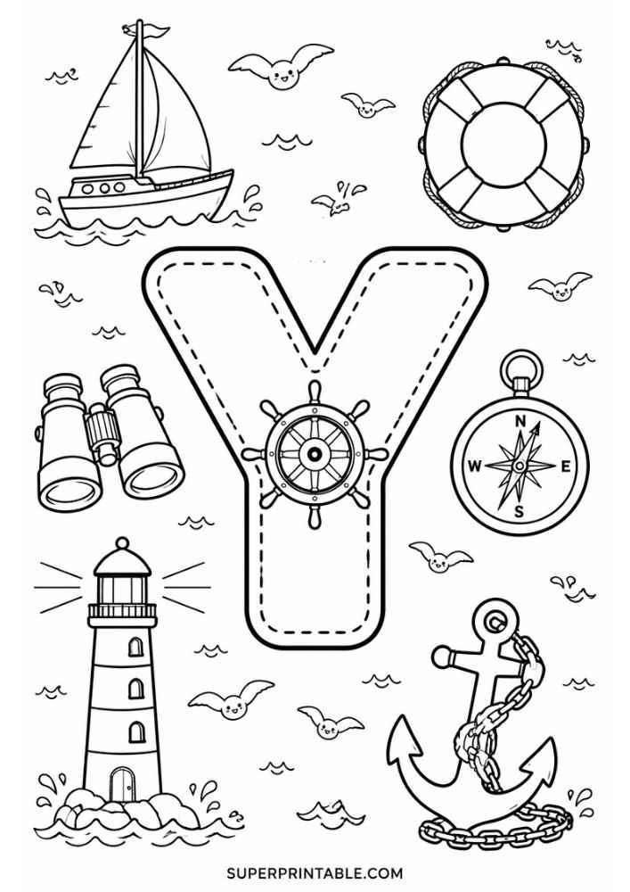 Letter Y with sailboat, lighthouse, compass, anchor, binoculars, lifebuoy, and sea birds.