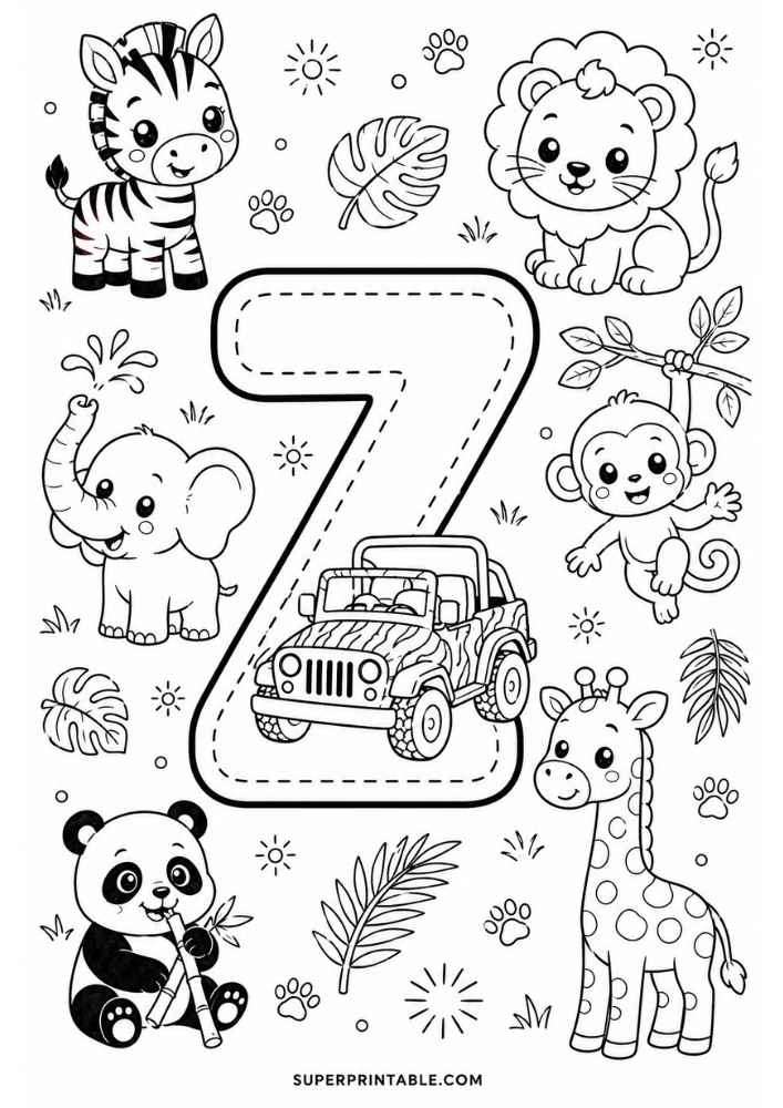 Letter Z with zebra, lion, elephant, monkey, giraffe, panda, and safari jeep.