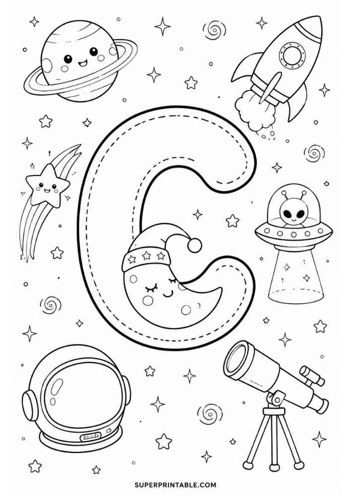 Letter C with rocket, planet, telescope, UFO, astronaut helmet, moon, and stars.