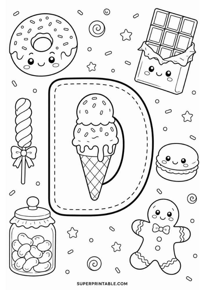 Letter D with ice cream, donut, chocolate, candy, cookies, gingerbread, and candy jar.