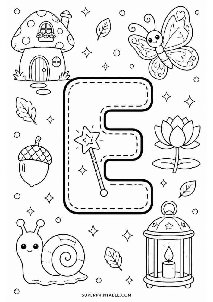 Letter E with fairy wand, butterfly, mushroom house, lantern, lotus, snail, and acorn.