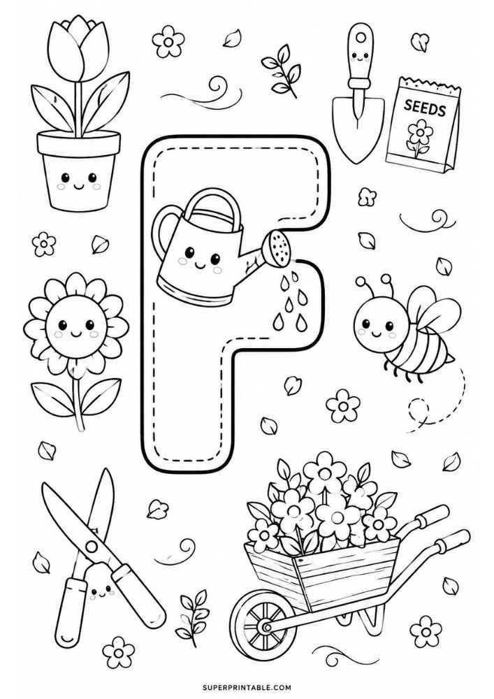 Letter F with watering can, flowers, bee, wheelbarrow, flower pot, seeds, and trowel.