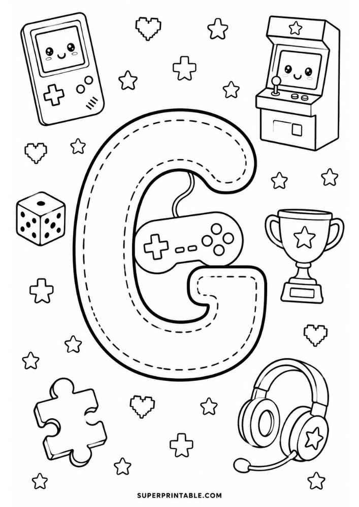 Letter G with game controller, arcade machine, headset, trophy, puzzle, and dice.