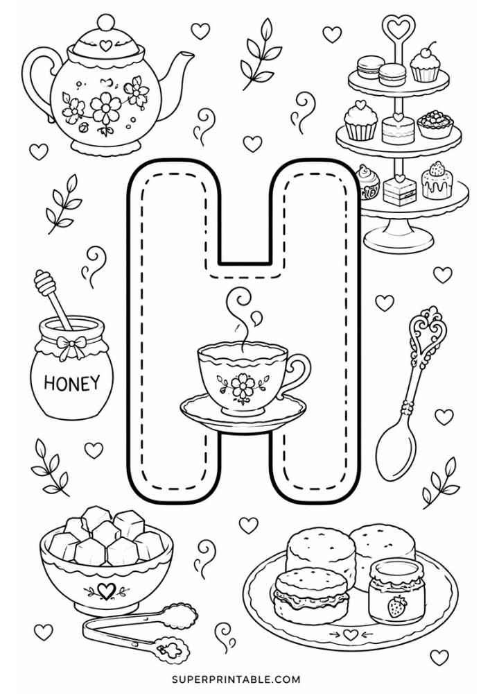 Letter H with teapot, teacup, honey, cakes, cookies, spoon, and dessert stand.