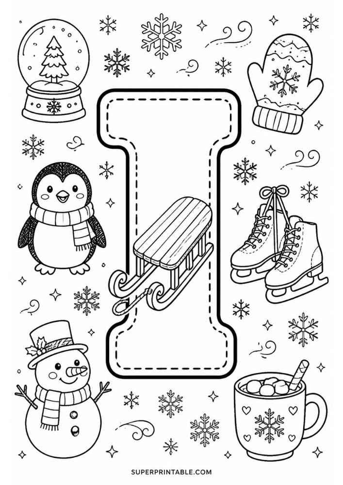 Letter I with sled, penguin, snow globe, skates, mitten, snowman, and hot chocolate.