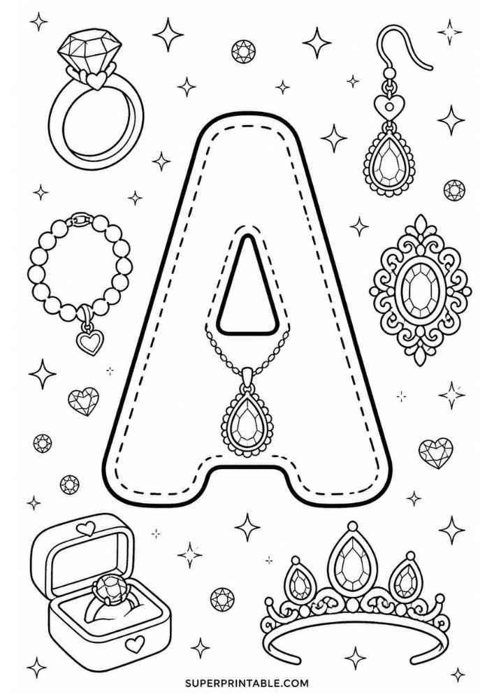 Uppercase letter A tracing page with diamond ring, bracelet, necklace, earring, jeweled brooch, tiara, and ring box.