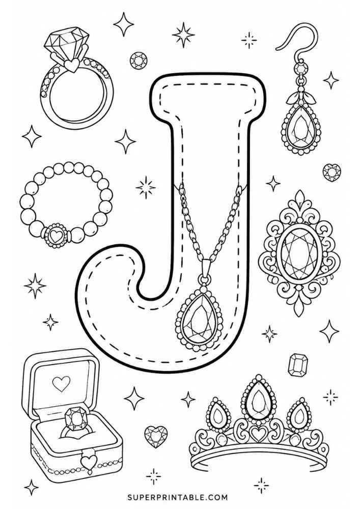 Uppercase letter J tracing page with diamond ring, bracelet, necklace, earring, jeweled brooch, tiara, and ring box.