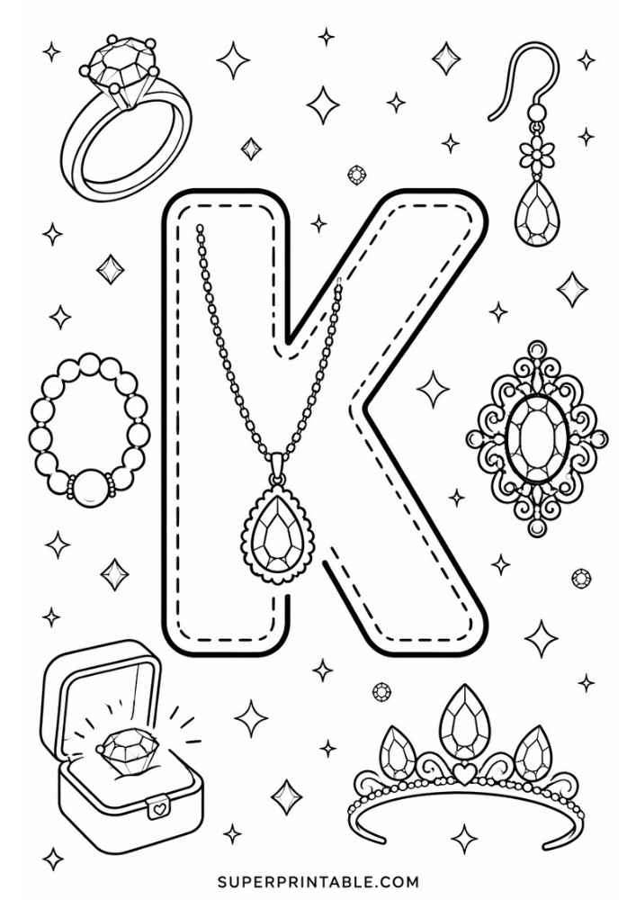 Uppercase letter K tracing page with diamond ring, bracelet, necklace, earring, jeweled brooch, tiara, and ring box.