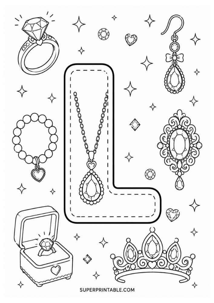 Uppercase letter L tracing page with diamond ring, bracelet, necklace, earring, jeweled brooch, tiara, and ring box.