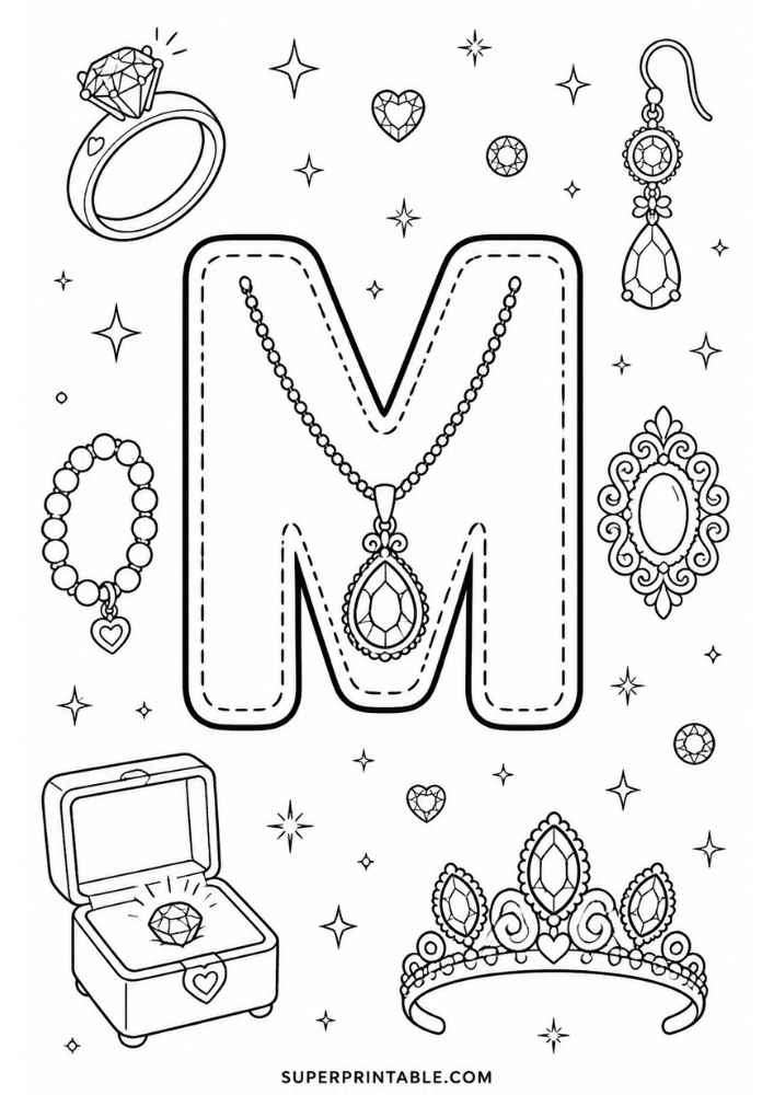 Uppercase letter M tracing page with diamond ring, bracelet, necklace, earring, jeweled brooch, tiara, and ring box.