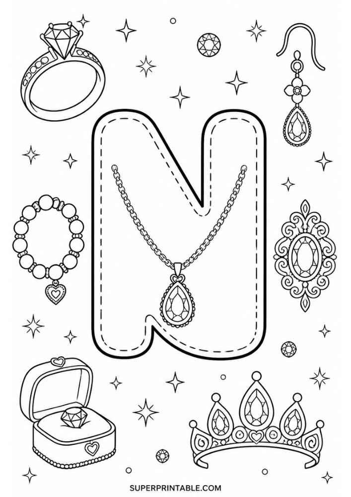 Uppercase letter N tracing page with diamond ring, bracelet, necklace, earring, jeweled brooch, tiara, and ring box.