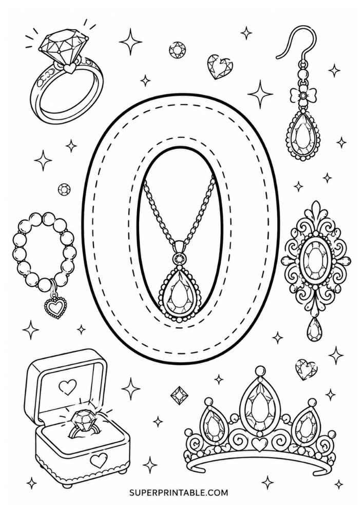 Uppercase letter O tracing page with diamond ring, bracelet, necklace, earring, jeweled brooch, tiara, and ring box.
