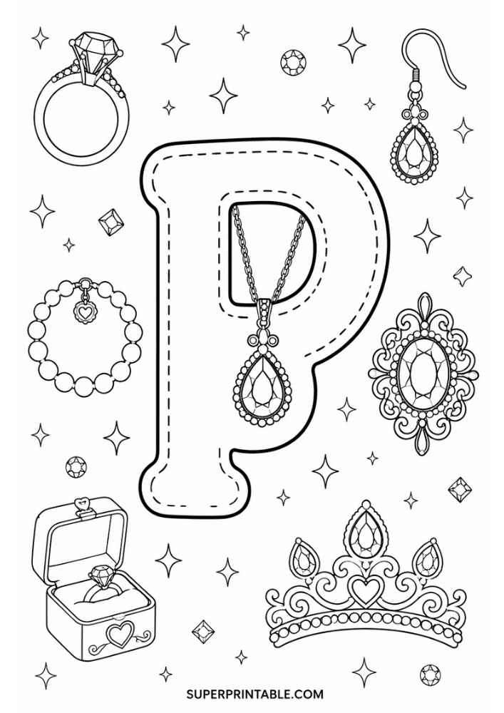 Uppercase letter P tracing page with diamond ring, bracelet, necklace, earring, jeweled brooch, tiara, and ring box.
