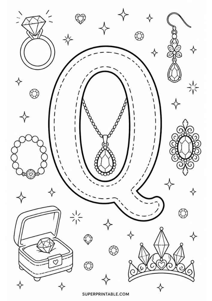 Uppercase letter Q tracing page with diamond ring, bracelet, necklace, earring, jeweled brooch, tiara, and ring box.
