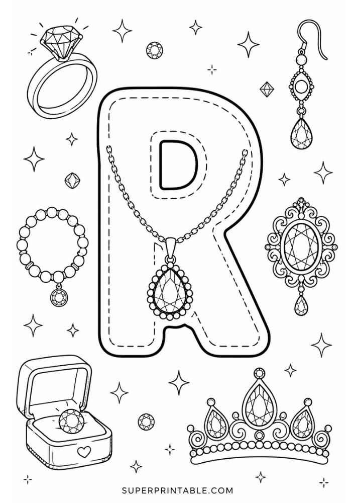 Uppercase letter R tracing page with diamond ring, bracelet, necklace, earring, jeweled brooch, tiara, and ring box.