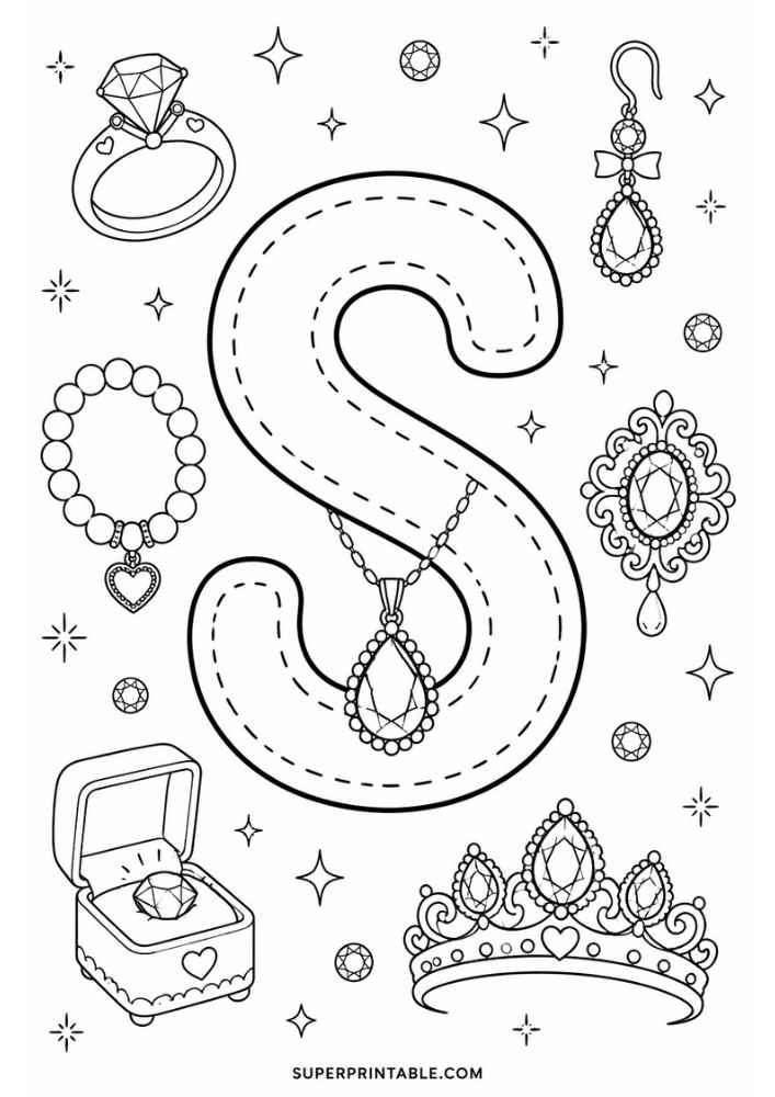 Uppercase letter S tracing page with diamond ring, bracelet, necklace, earring, jeweled brooch, tiara, and ring box.