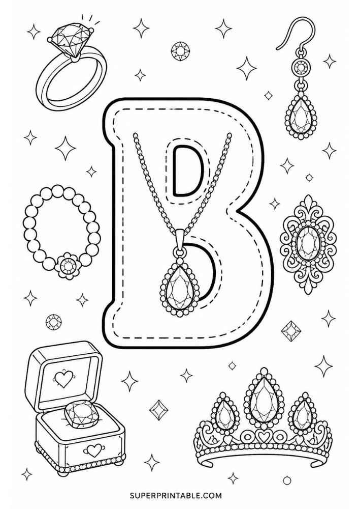 Uppercase letter B tracing page with diamond ring, bracelet, necklace, earring, jeweled brooch, tiara, and ring box.