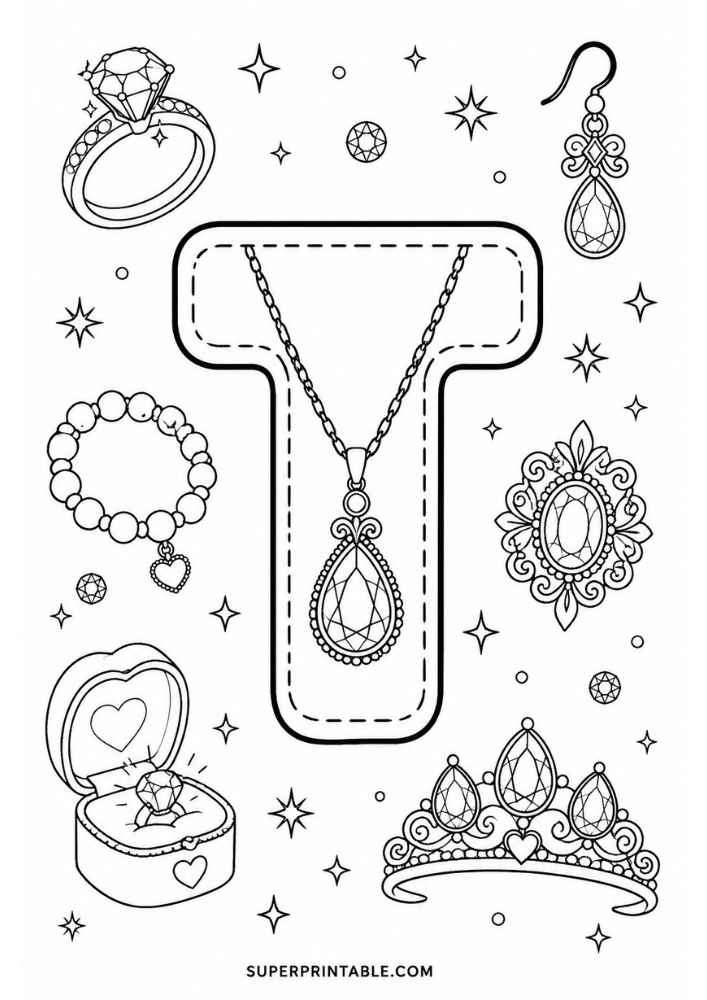Uppercase letter T tracing page with diamond ring, bracelet, necklace, earring, jeweled brooch, tiara, and ring box.