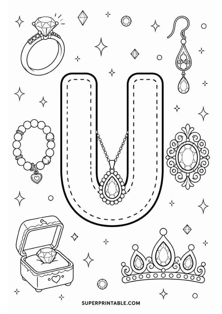 Uppercase letter U tracing page with diamond ring, bracelet, necklace, earring, jeweled brooch, tiara, and ring box.