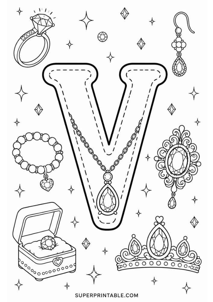 Uppercase letter V tracing page with diamond ring, bracelet, necklace, earring, jeweled brooch, tiara, and ring box.