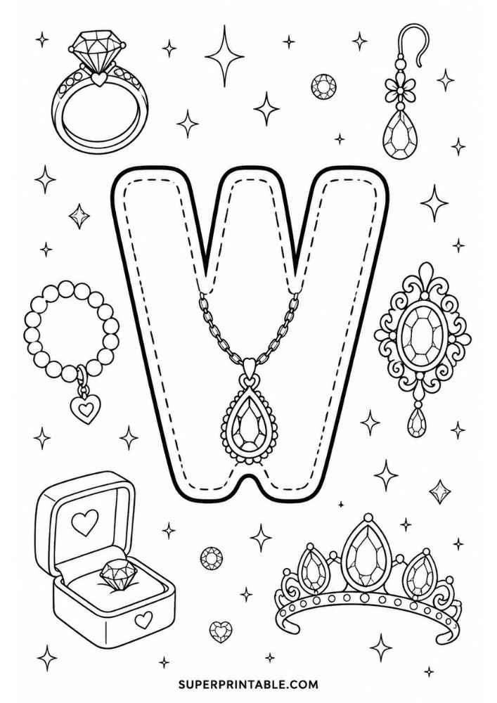 Uppercase letter W tracing page with diamond ring, bracelet, necklace, earring, jeweled brooch, tiara, and ring box.