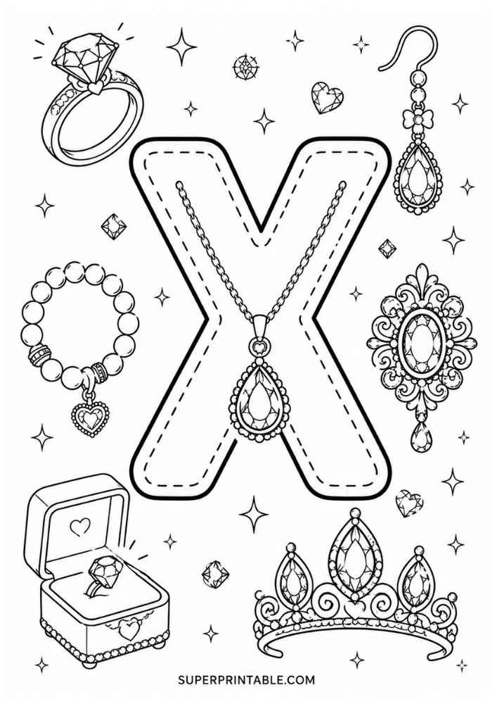 Uppercase letter X tracing page with diamond ring, bracelet, necklace, earring, jeweled brooch, tiara, and ring box.