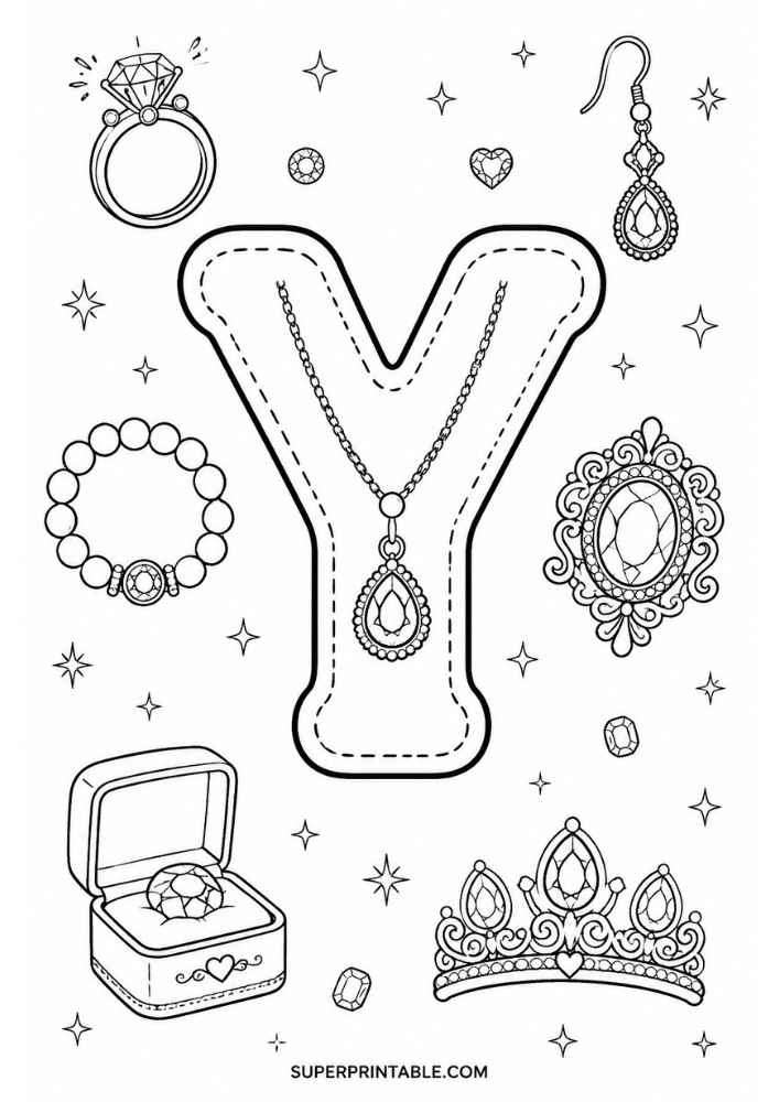 Uppercase letter Y tracing page with diamond ring, bracelet, necklace, earring, jeweled brooch, tiara, and ring box.