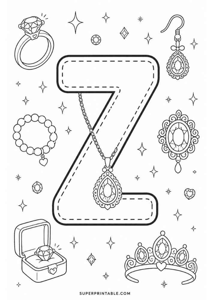 Uppercase letter Z tracing page with diamond ring, bracelet, necklace, earring, jeweled brooch, tiara, and ring box.