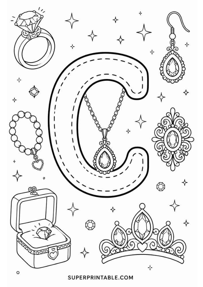 Uppercase letter C tracing page with diamond ring, bracelet, necklace, earring, jeweled brooch, tiara, and ring box.