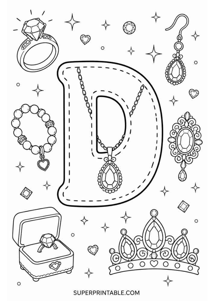 Uppercase letter D tracing page with diamond ring, bracelet, necklace, earring, jeweled brooch, tiara, and ring box.