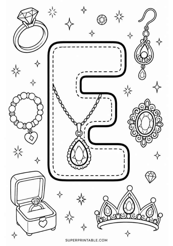Uppercase letter E tracing page with diamond ring, bracelet, necklace, earring, jeweled brooch, tiara, and ring box.