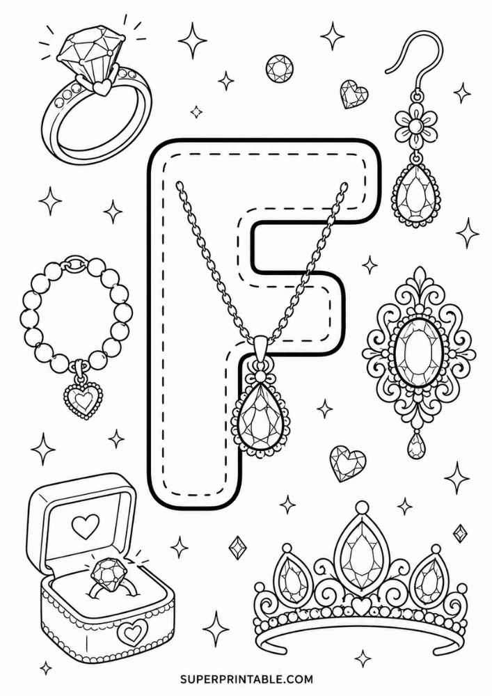 Uppercase letter F tracing page with diamond ring, bracelet, necklace, earring, jeweled brooch, tiara, and ring box.