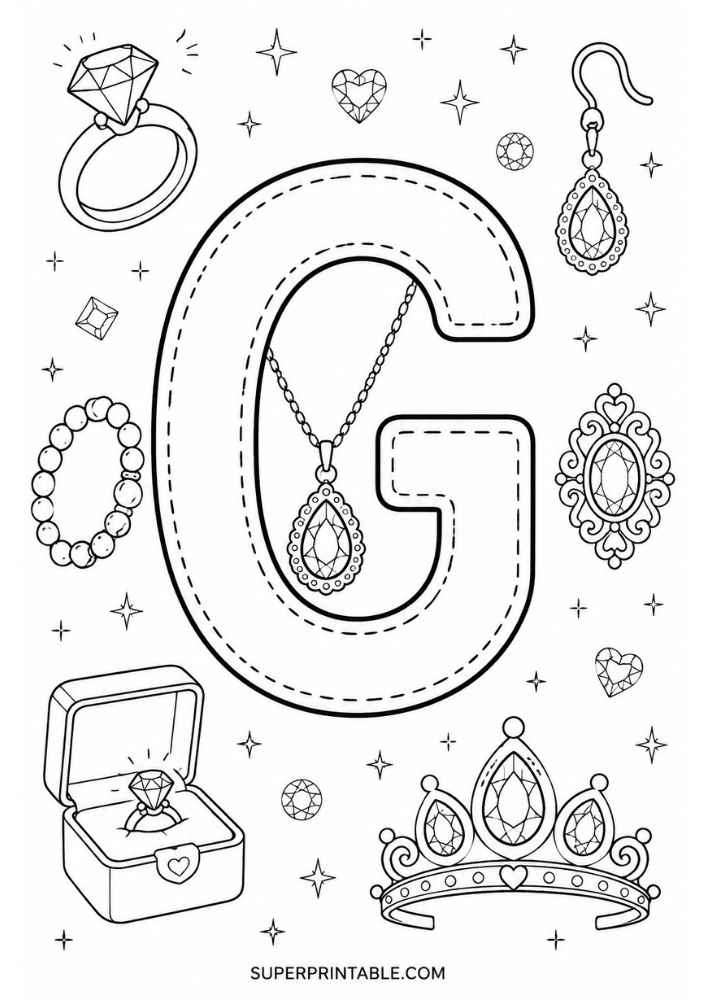 Uppercase letter G tracing page with diamond ring, bracelet, necklace, earring, jeweled brooch, tiara, and ring box.