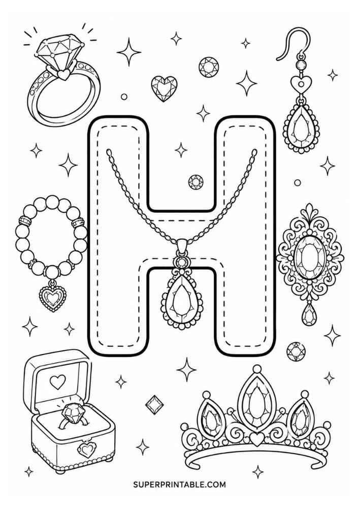 Uppercase letter H tracing page with diamond ring, bracelet, necklace, earring, jeweled brooch, tiara, and ring box.