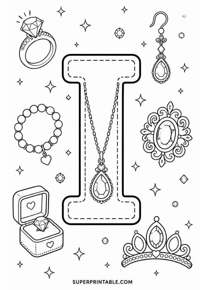 Uppercase letter I tracing page with diamond ring, bracelet, necklace, earring, jeweled brooch, tiara, and ring box.