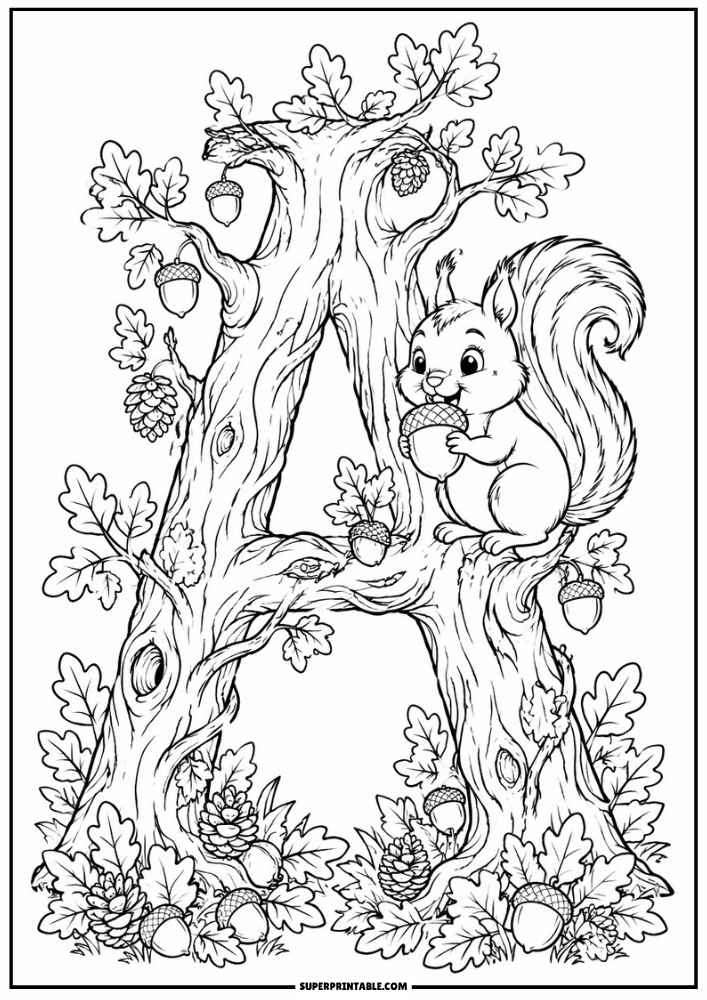 Letter A tree with a squirrel holding an acorn, surrounded by oak leaves, acorns, and pinecones.