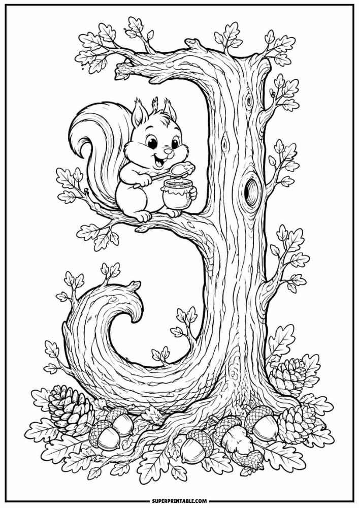 Letter J tree with a squirrel holding a jam jar, leaves, acorns, and pinecones.