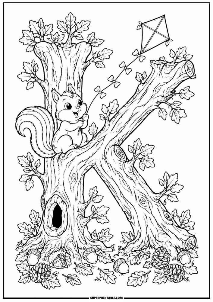 Letter K tree with a squirrel flying a kite, leaves, acorns, and pinecones.