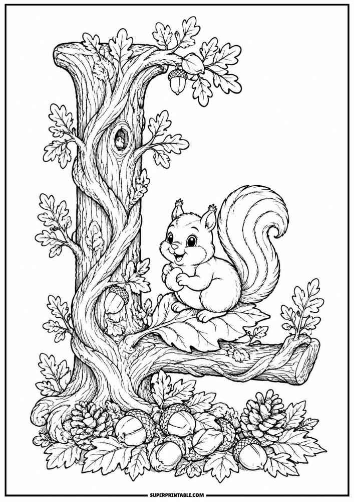Letter L tree with a squirrel on a leaf, vines, acorns, and pinecones.