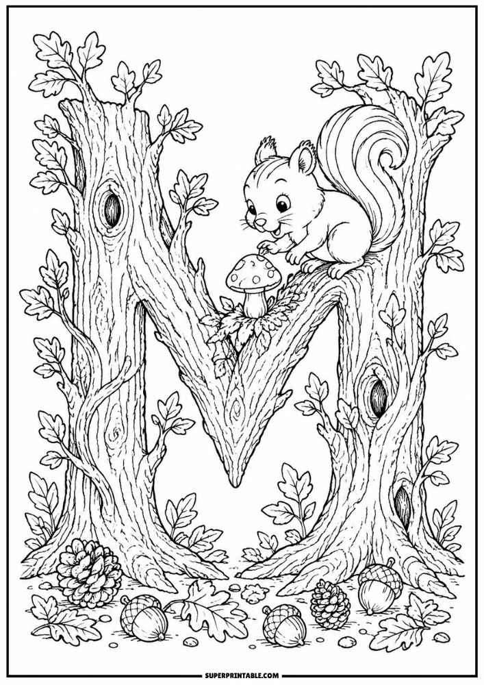 Letter M tree with a squirrel near a mushroom, leaves, acorns, and pinecones.